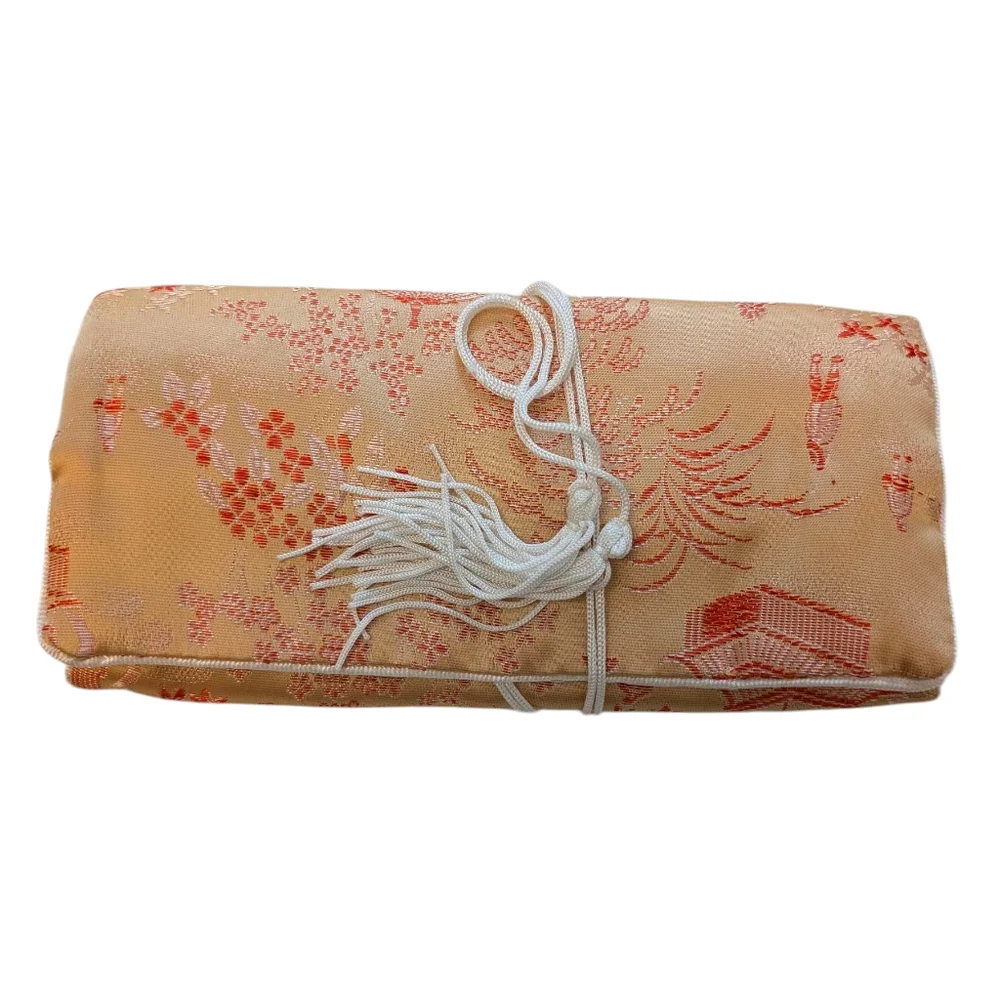 VINTAGE Jewelry Roll Travel Case Cream Coral Red Asian Satin